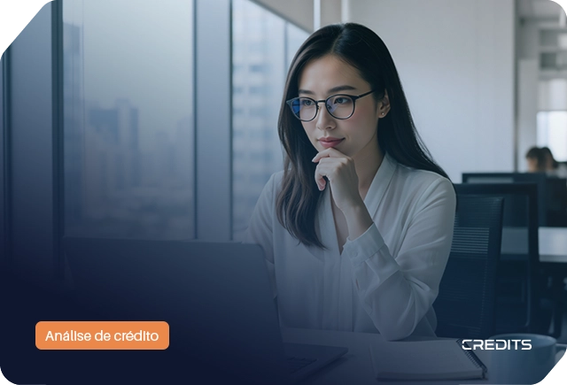 Mulher de óculos a usar computador em escritório com etiqueta 'Análise de crédito' para jornada digital PJ.
